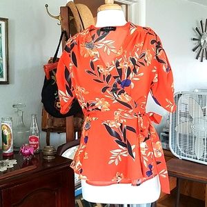 Hawaiian floral faux wrap top